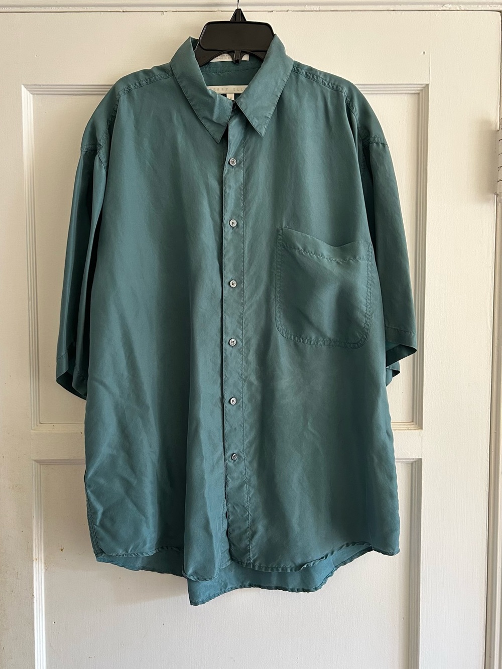 100% Silk Perry Ellis Relaxed Short-Sleeve Button-Down Shirt in Teal